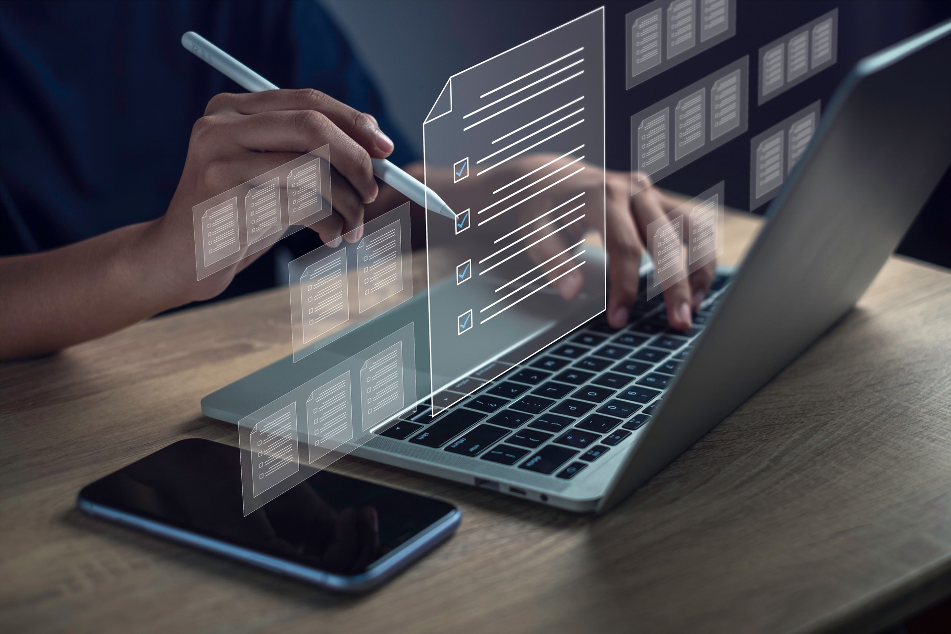 Document management checklist digital online form concept. Online survey filling out and digital survey and business approve project. Businessman using pen to tick correct sign mark in checkbox.