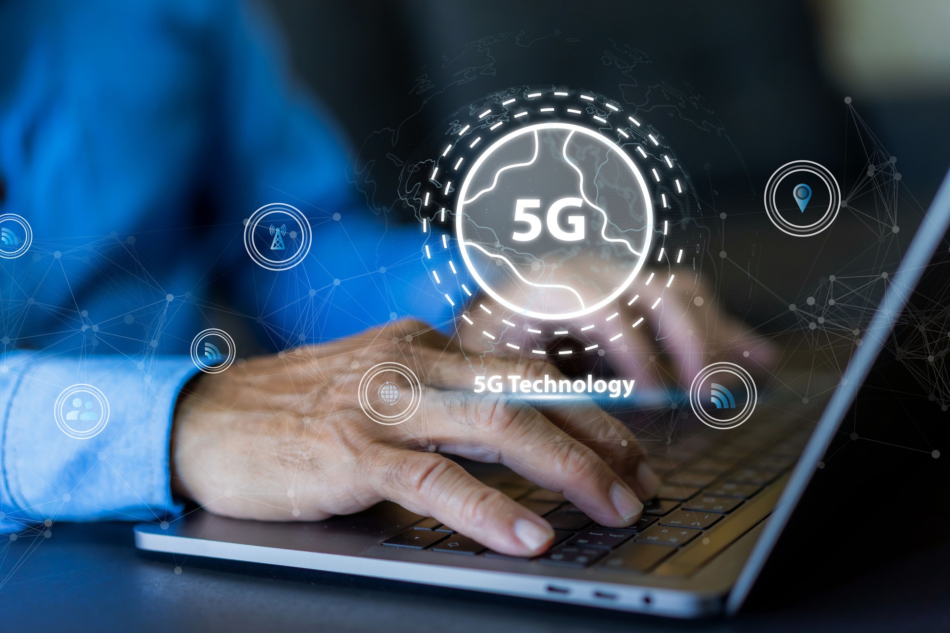 Business professional  with a holographic 5G network concept, digital globe with interconnected 5G symbols, wifi, 5G technology in modern business and communication, digital transformation